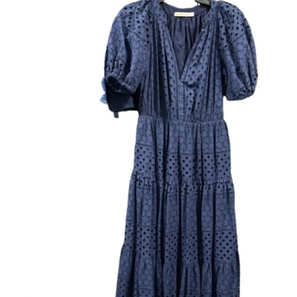 Charina Sarte Blue Midi Sundress with Puff Sleeves and V-Neck S 2 4